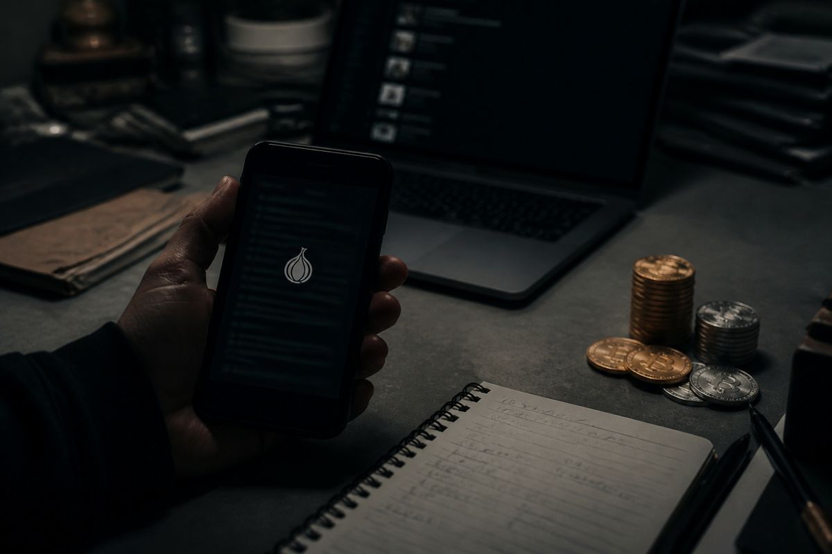A hand holding a smartphone showing a .onion link, symbolizing dark web marketplaces and secure transactions.