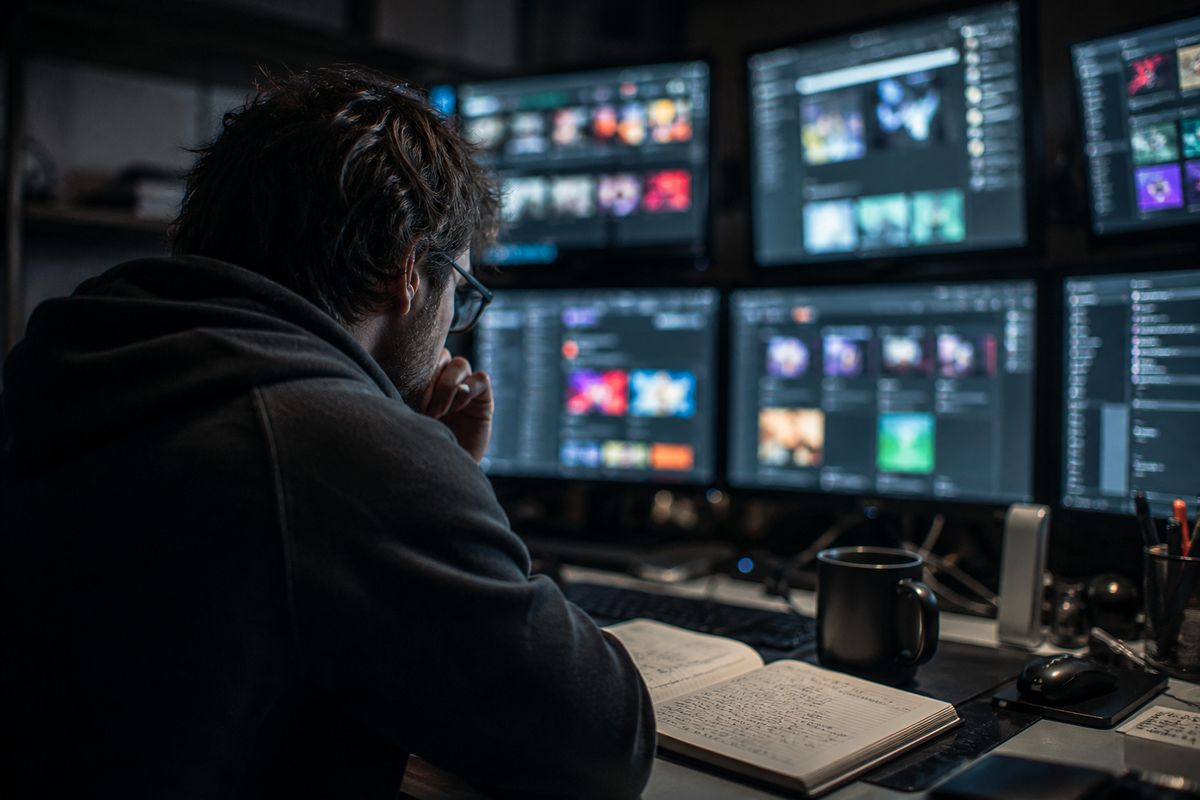 A person navigating the Tor network on multiple screens, exploring onion links and resources.