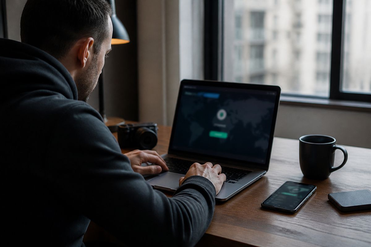 A person configuring a VPN on a laptop, preparing for secure darknet access.