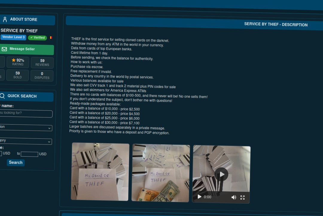 Darknet marketplace interface selling cloned card services