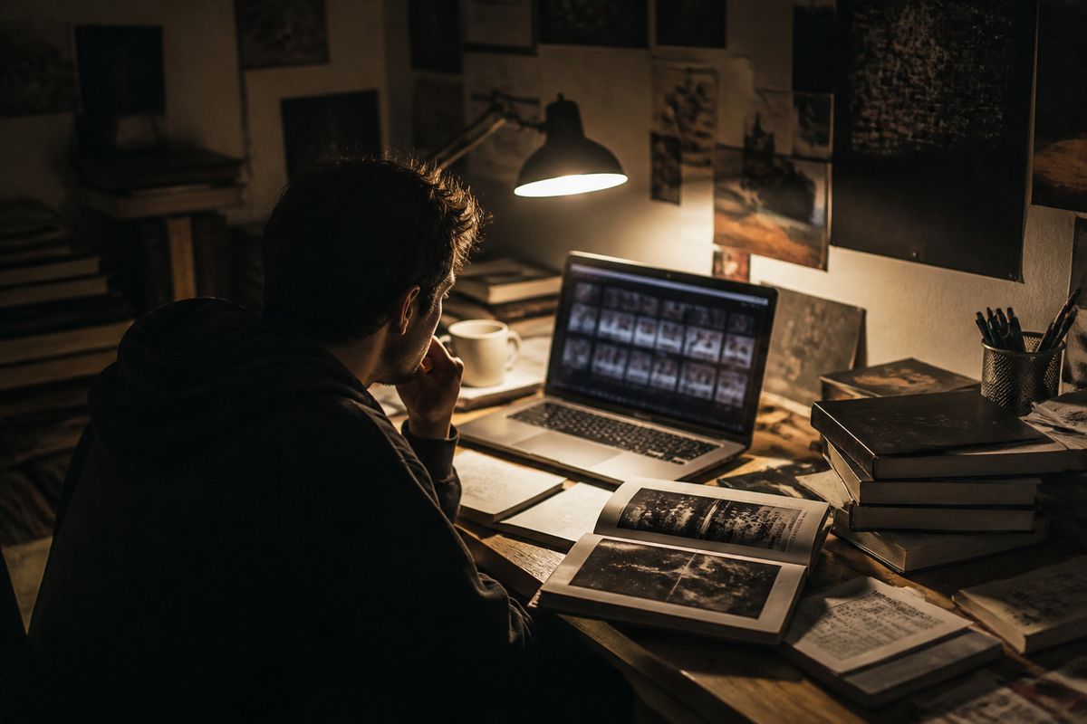 A person studying dark web resources in a cozy workspace, highlighting research on the subject.