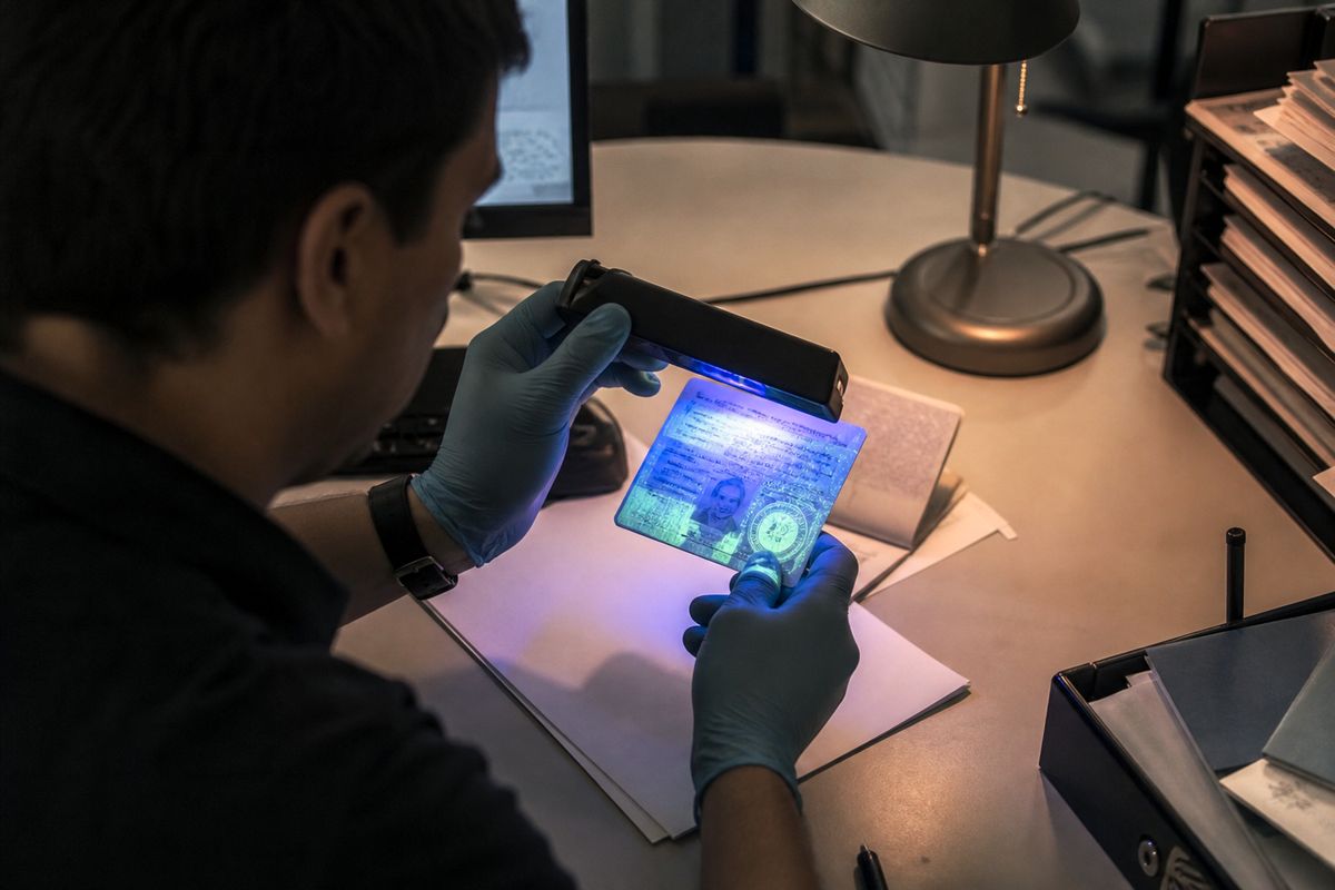 A person examining a residence permit under UV light to verify its authenticity.
