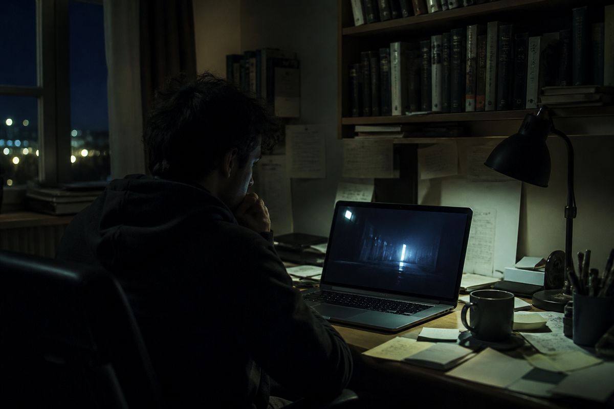 A person analyzing a dark web site on a laptop in a dimly lit room, highlighting the exploration of hidden internet layers.
