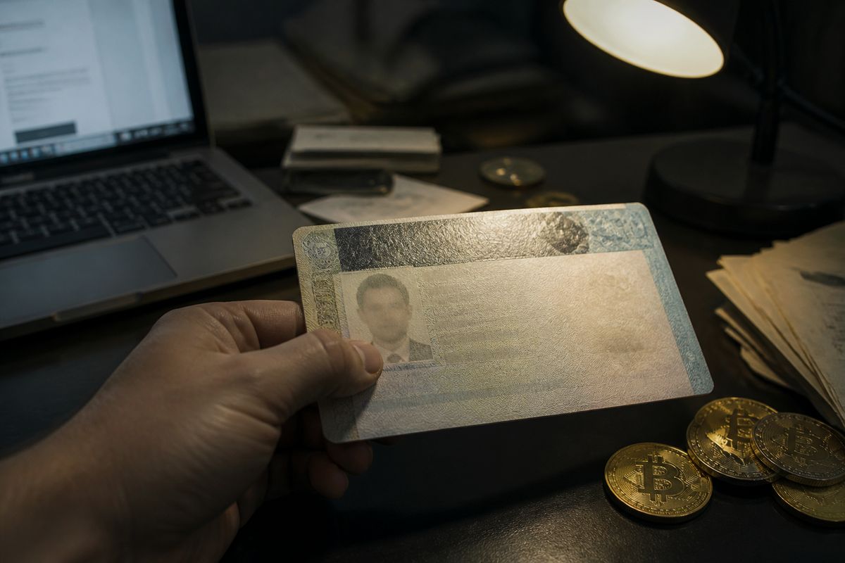 A person closely inspecting a visa document in a dimly lit environment, reflecting the article's theme of dark web transactions.