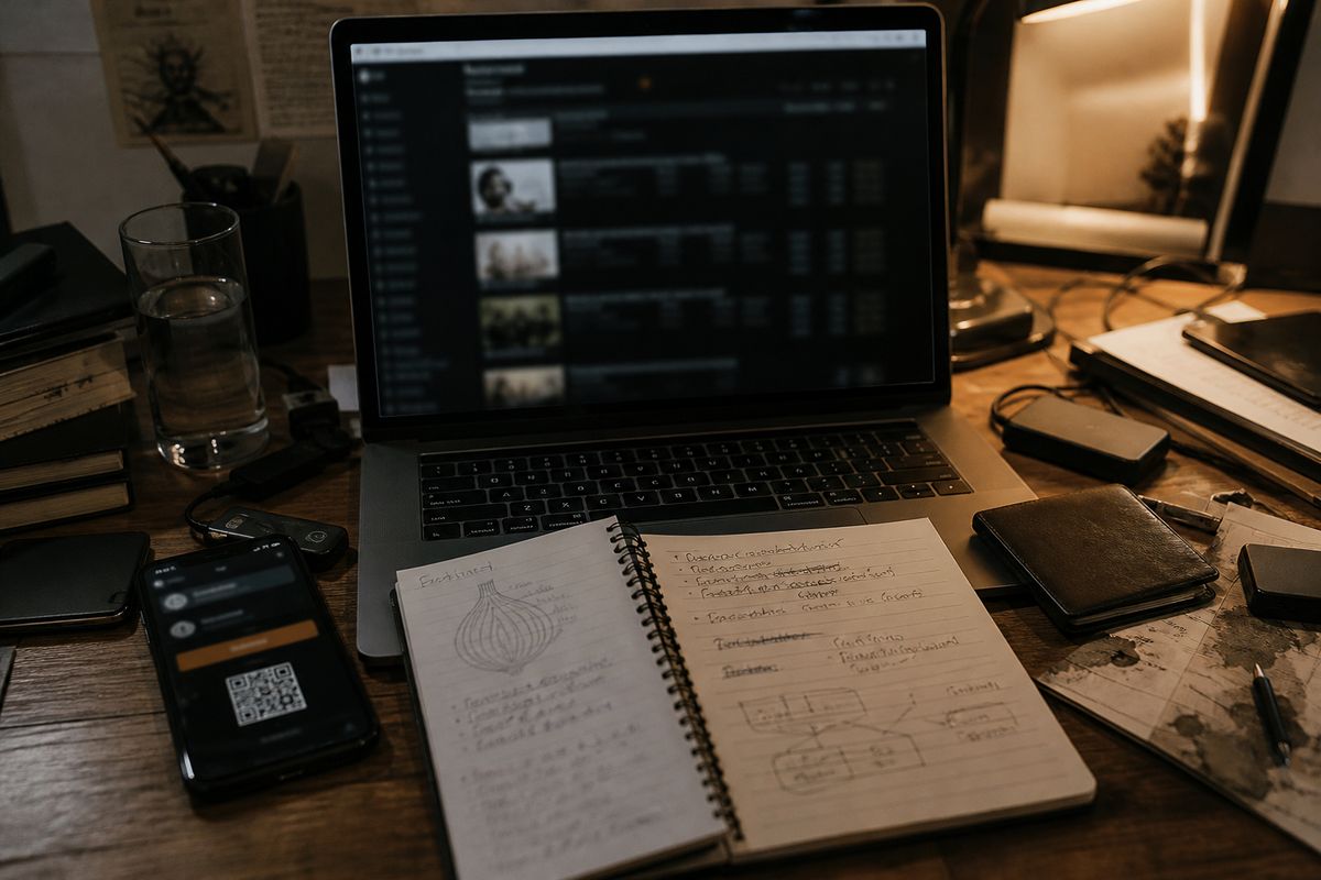 A cluttered desk illustrating tools and notes related to online black markets and cryptocurrency trading.