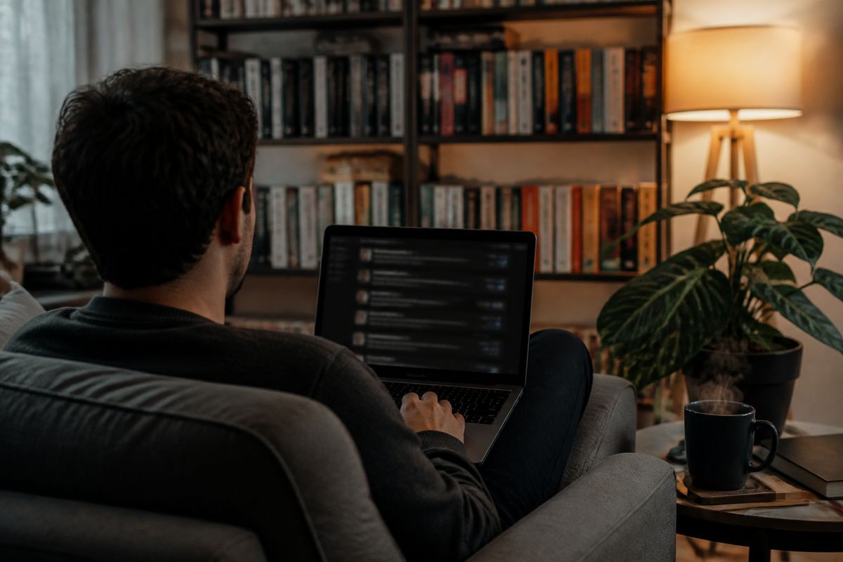 A person exploring deep web discussions on Reddit in a cozy living room, highlighting community insights.