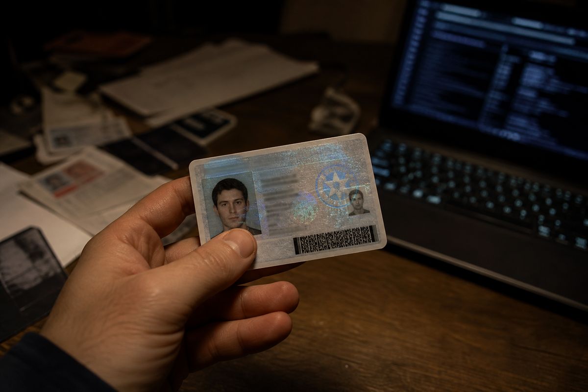 A hand displaying a fake driver's license in a dimly lit room, relevant to dark web transactions.