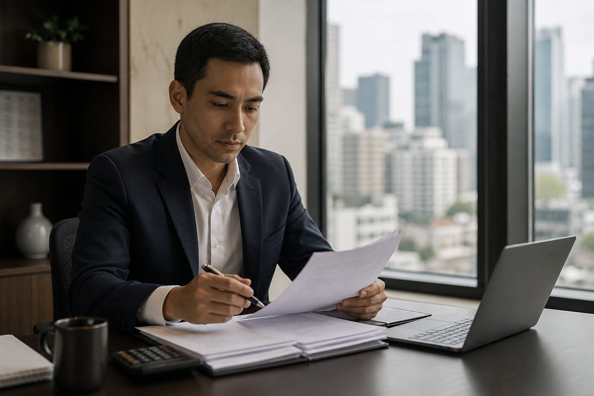 A person in an office reviewing paperwork for the EB-5 investment visa process, highlighting the importance of legal steps.