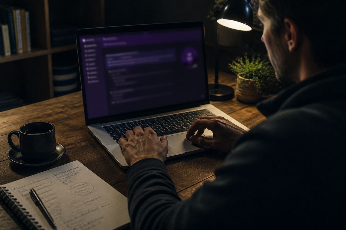 A person navigating the Tor Browser on a laptop at a stylish desk, emphasizing safe dark web search techniques.