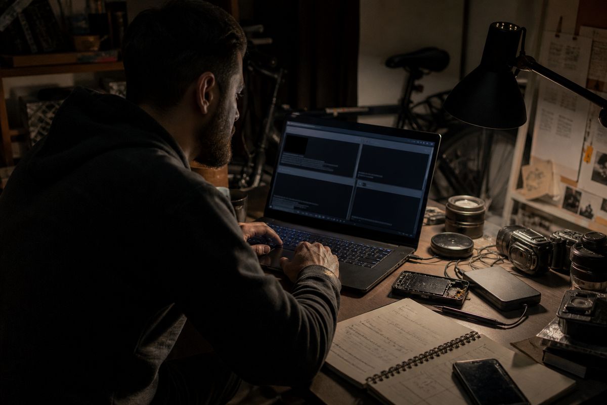 A user navigating multiple darknet market mirrors on a laptop, surrounded by tech gadgets and notes.