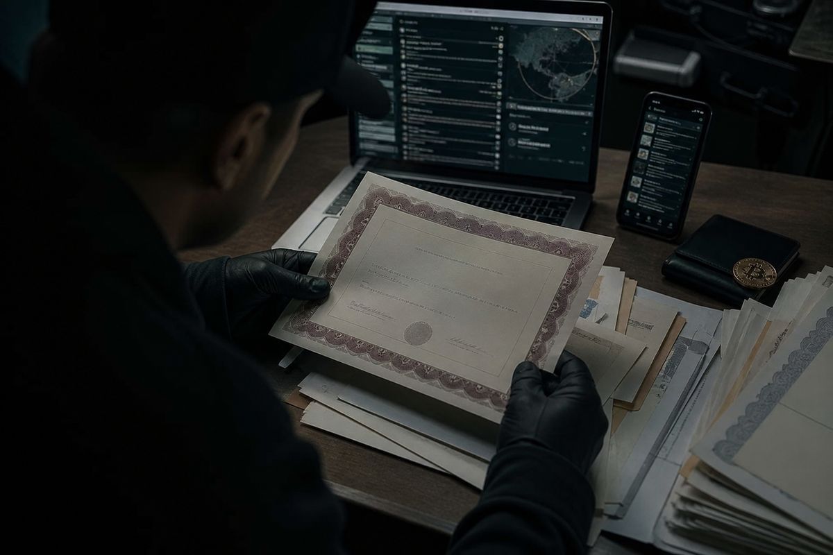 An individual reviews counterfeit documents and a smartphone displaying a dark web marketplace.
