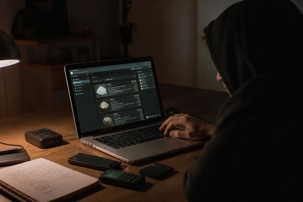 A person reviews listings on a dark web marketplace in a dimly lit room, highlighting the article's focus on dark web shops.