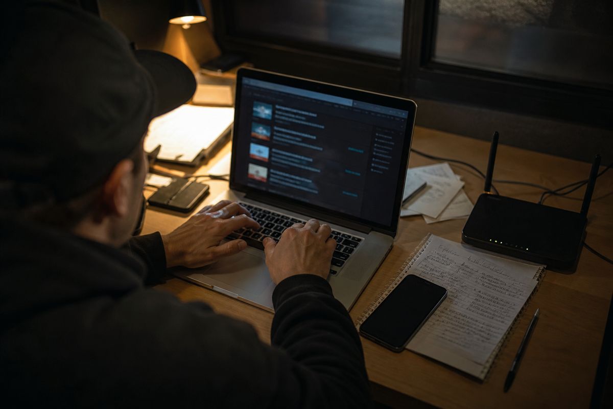 A person exploring a darknet market directory on their laptop in a dimly lit room, surrounded by notes and a smartphone.