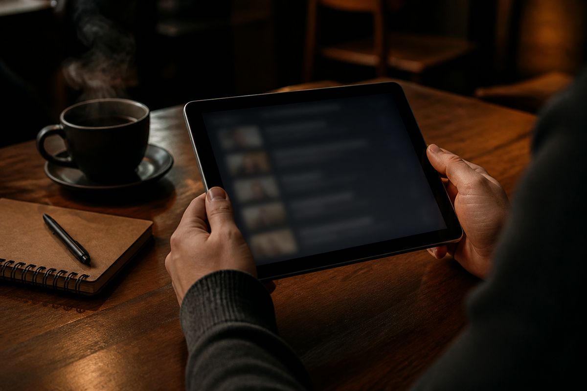 A person exploring onion sites on a tablet in a cozy café, emphasizing privacy-focused browsing.