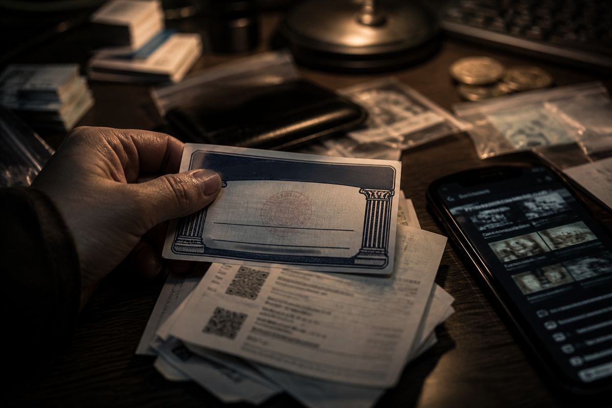 A hand holding a Social Security Number document surrounded by cryptocurrency receipts, illustrating risks of buying SSNs.