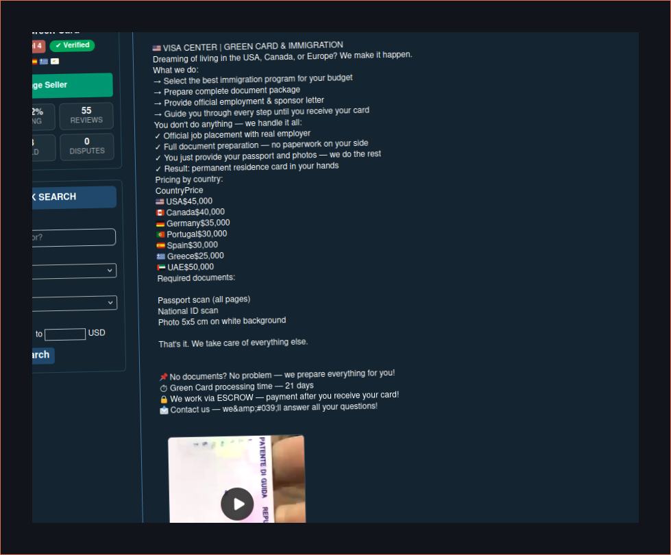 Website interface offering visa and green card services