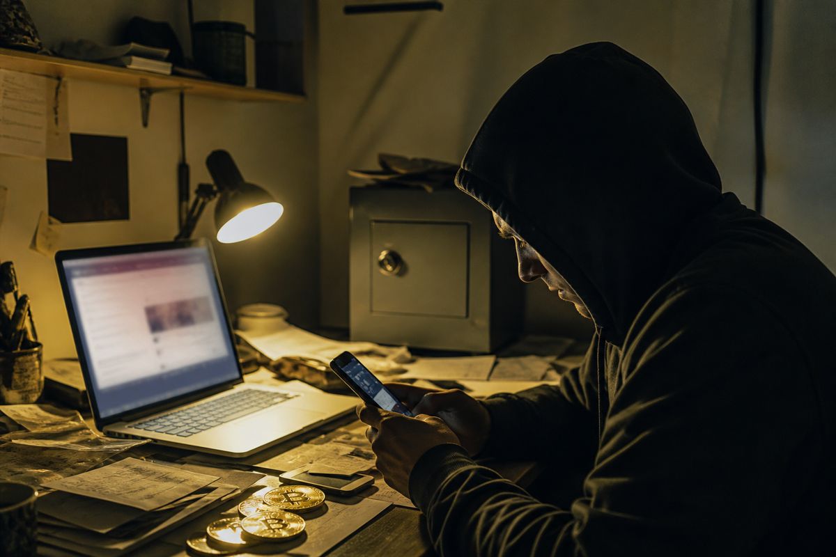 A person discreetly browsing a deep web marketplace on a smartphone at a cluttered desk.