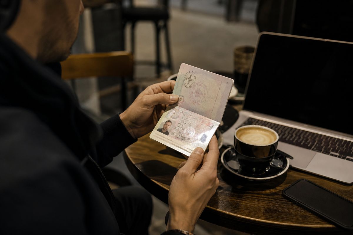 A person reviewing a diplomatic passport in a cafe setting, highlighting the seriousness of the article's subject.