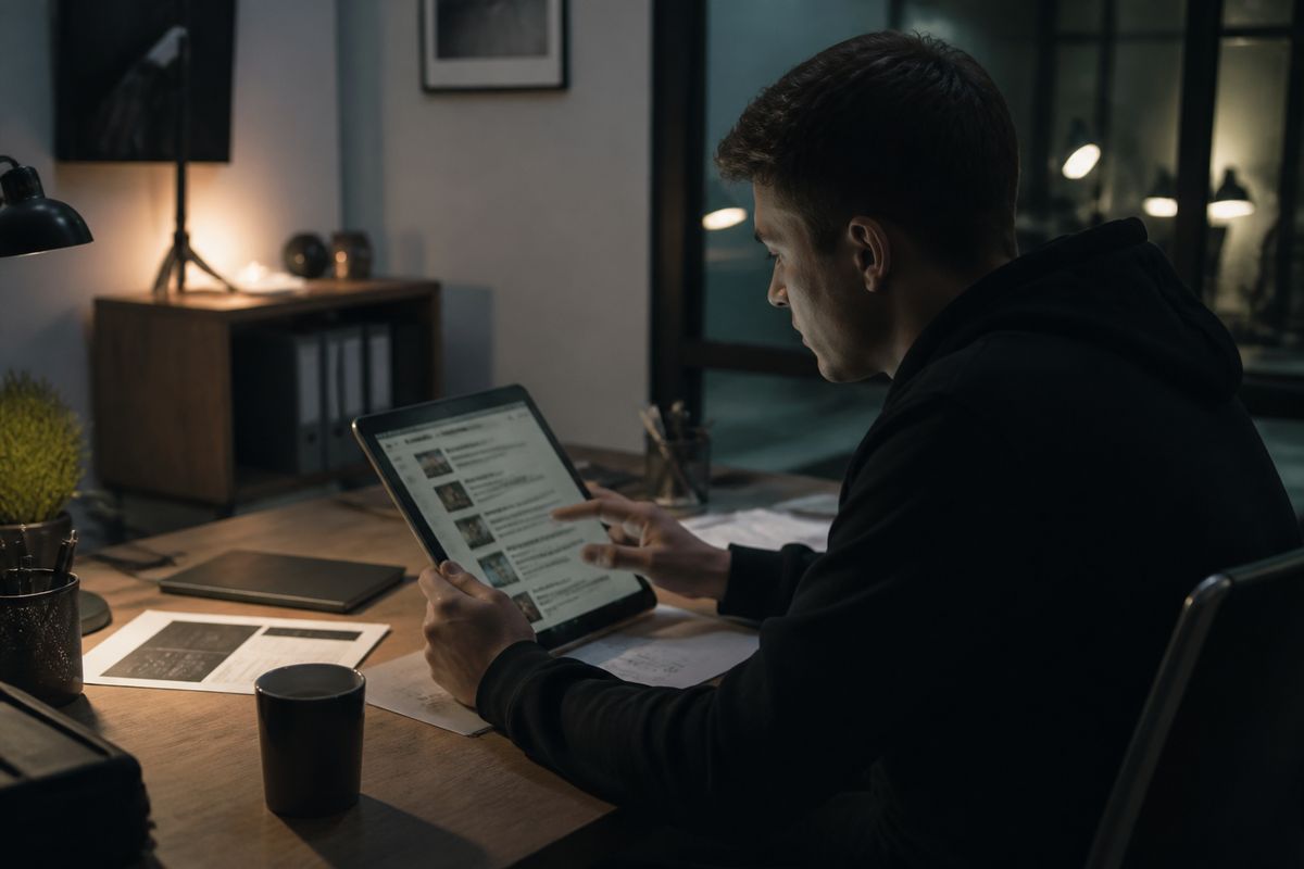 A user exploring deep web link directories on a tablet in a cozy workspace.