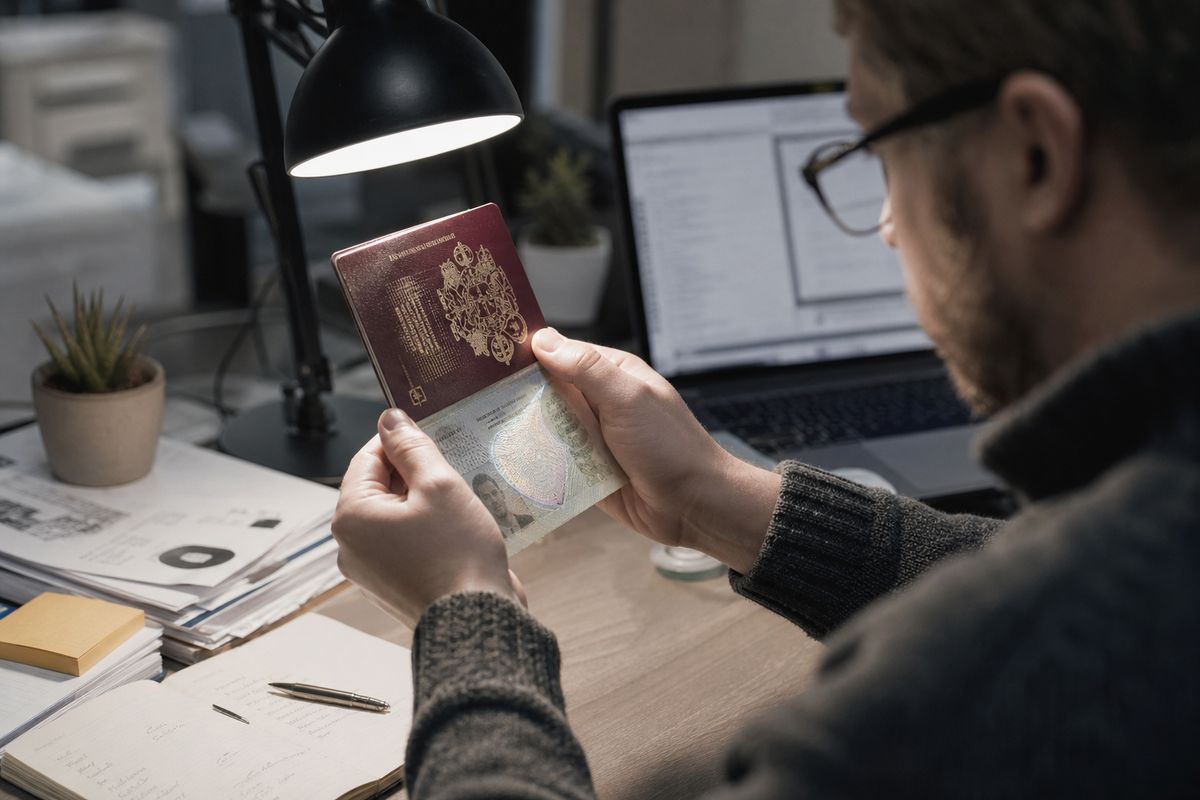 An individual inspecting a biometric UK passport at their desk, highlighting legal considerations in the article.