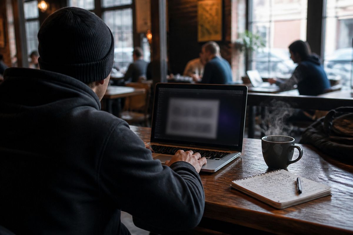 A person accessing the Tor network on a laptop in a cafe, illustrating the concept of exploring the onion dark web.