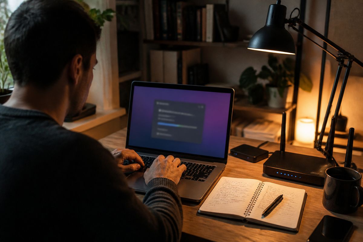 A user configuring Tor Browser in a cozy home office, emphasizing the importance of online privacy.