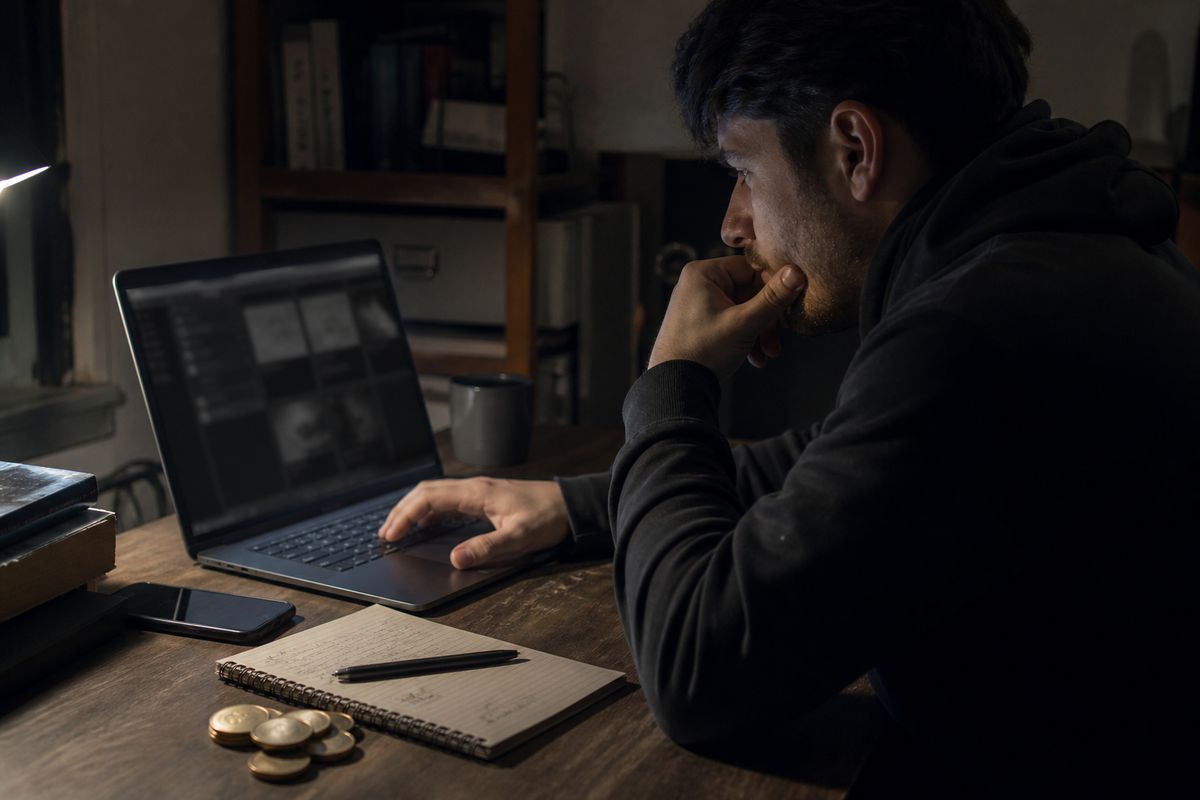A person using a laptop to explore darknet marketplaces in a dimly lit environment, emphasizing security and technology.