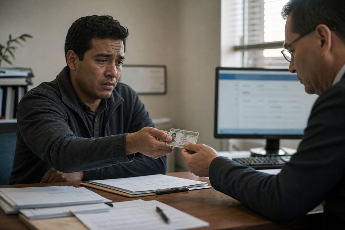 A person nervously submitting a fake green card for employment verification, highlighting legal risks.