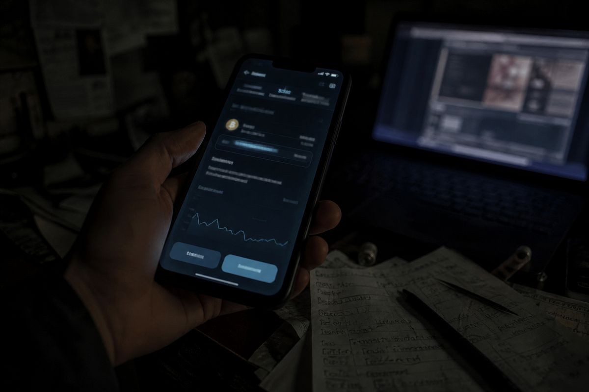 A hand holding a smartphone showing a cryptocurrency transaction, reflecting dark web market activities.