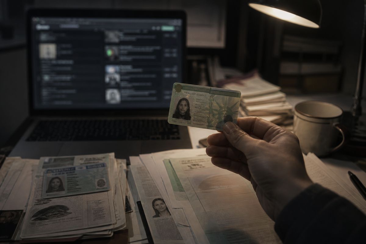 A person inspects a fake green card at a cluttered desk, highlighting the dangers of document fraud.
