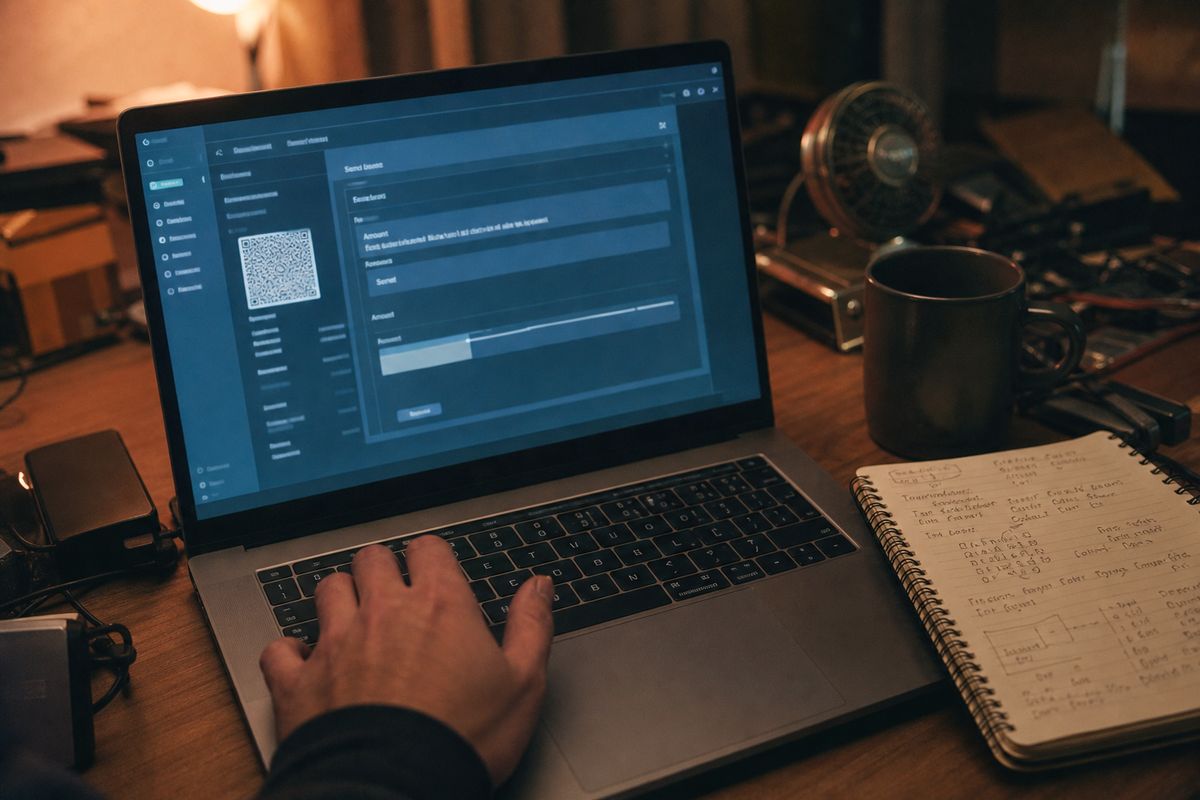 A person conducting a secure cryptocurrency transaction on a laptop, highlighting safe shopping practices in onion marketplaces.